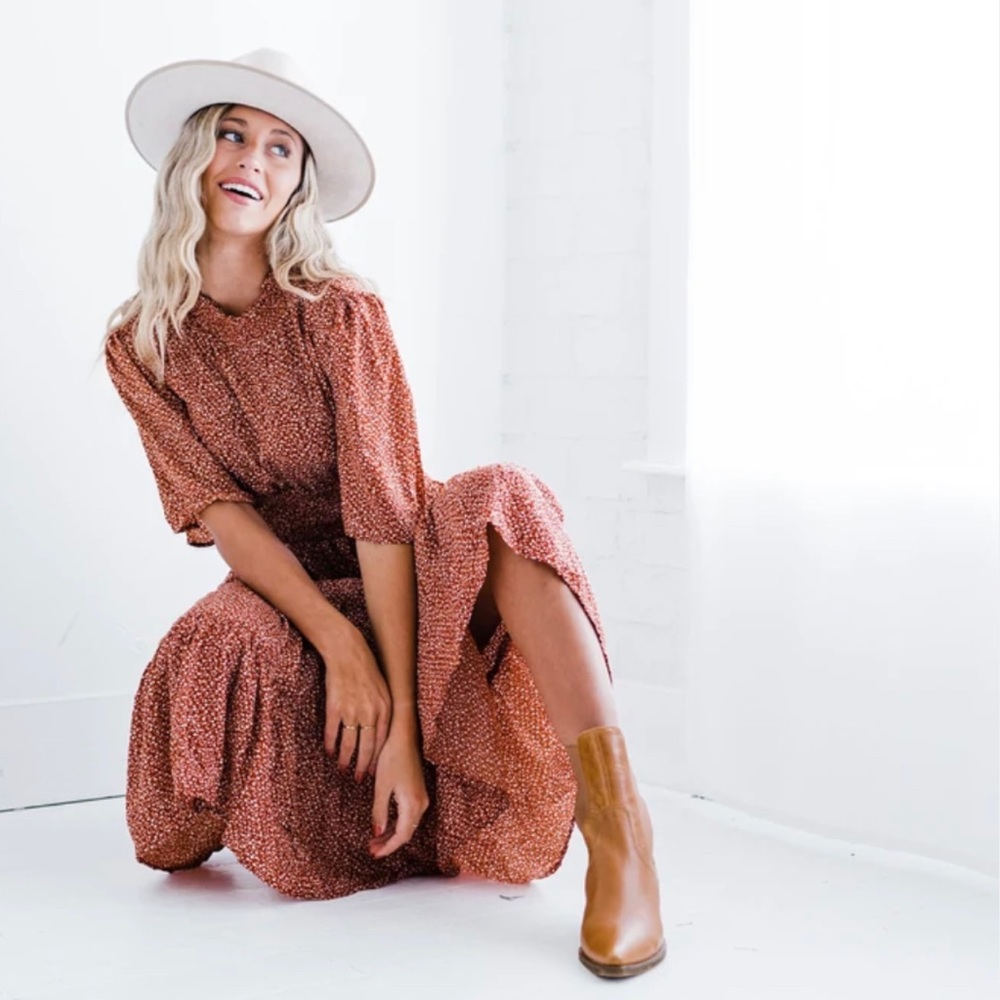 Floral smock neck dress in Rust! - Picture 3 of 5